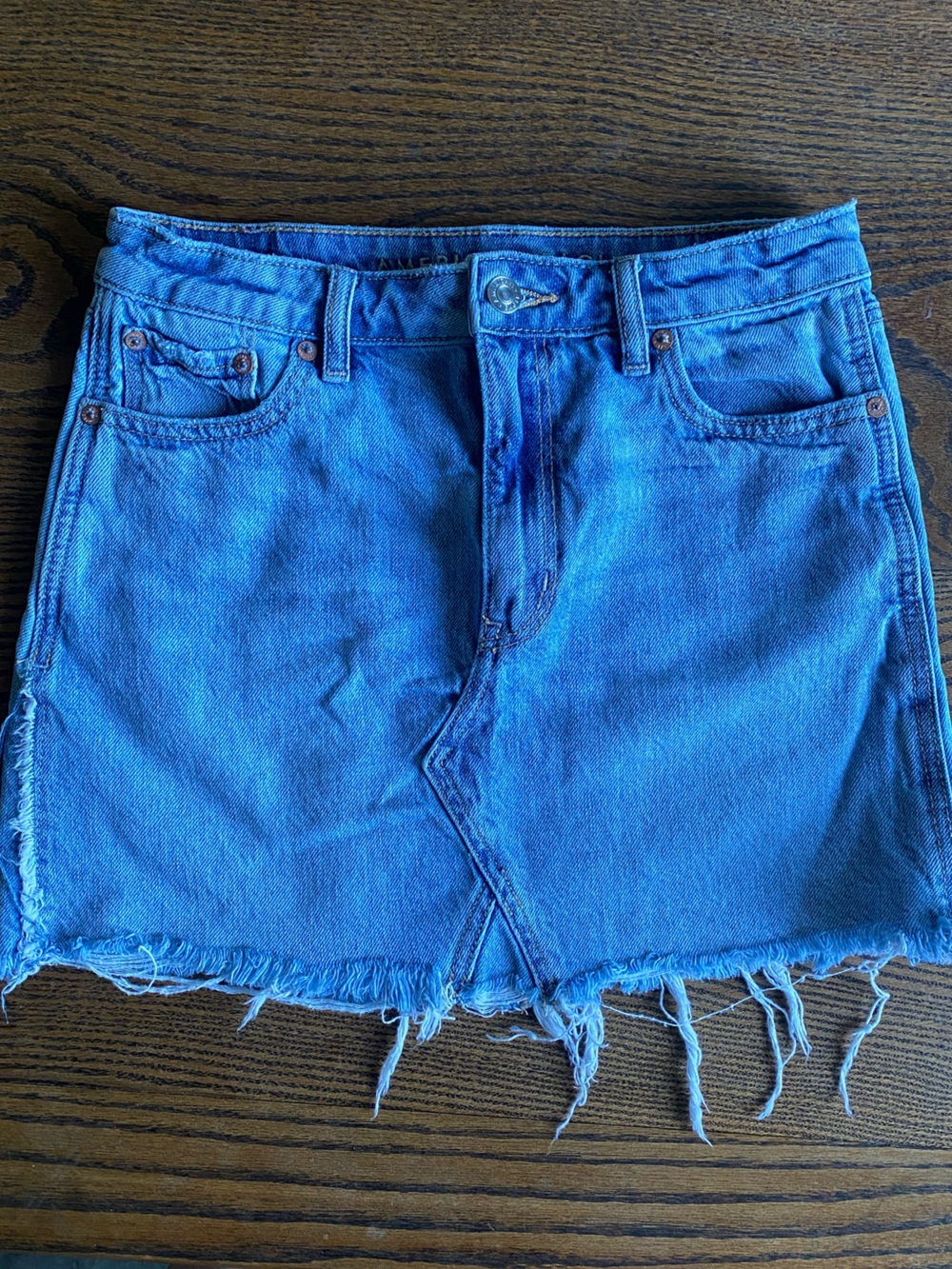 American Eagle Outfitters Blue Frayed High-Waist Denim Shirt